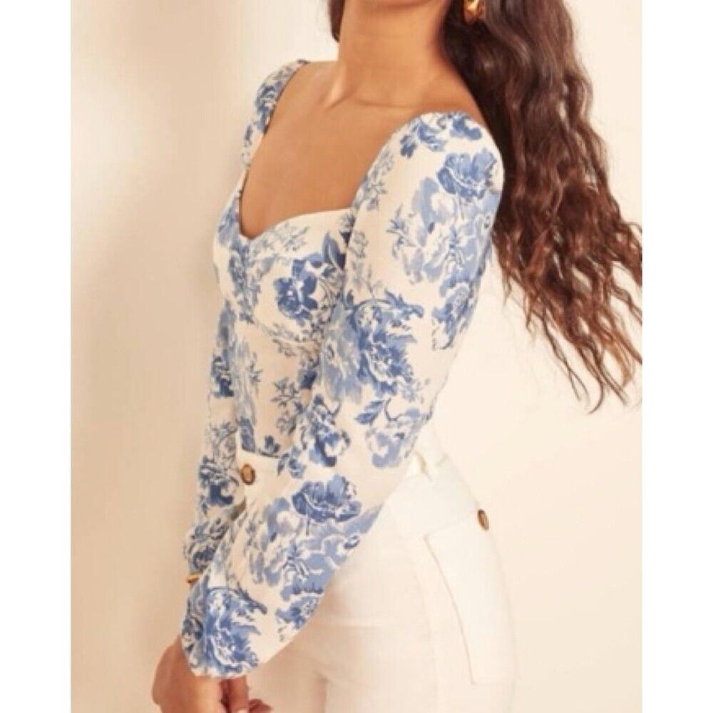 Reformation Reign Top Blue Floral Pattern Sz 6 Sweetheart Cottagecore Coquette - Picture 3 of 9